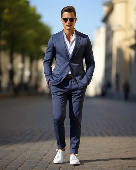 navy suit with white sneakers